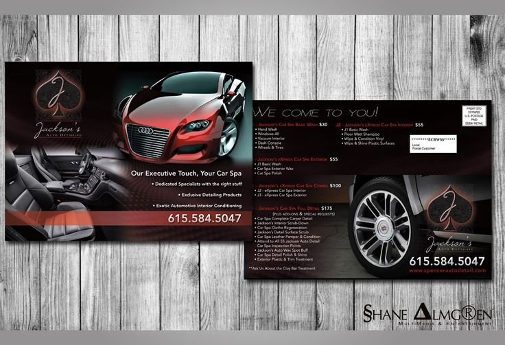 Red car parked next to interior shot of car detailing services, featuring promotional text for Jackson's Car Spa, emphasizing exclusive detailing products and mobile service offerings.