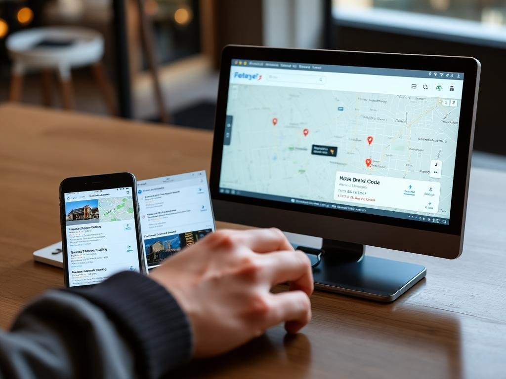 Person using a smartphone and computer displaying a map, illustrating local SEO strategies and Google Business Profile optimization for improved visibility.