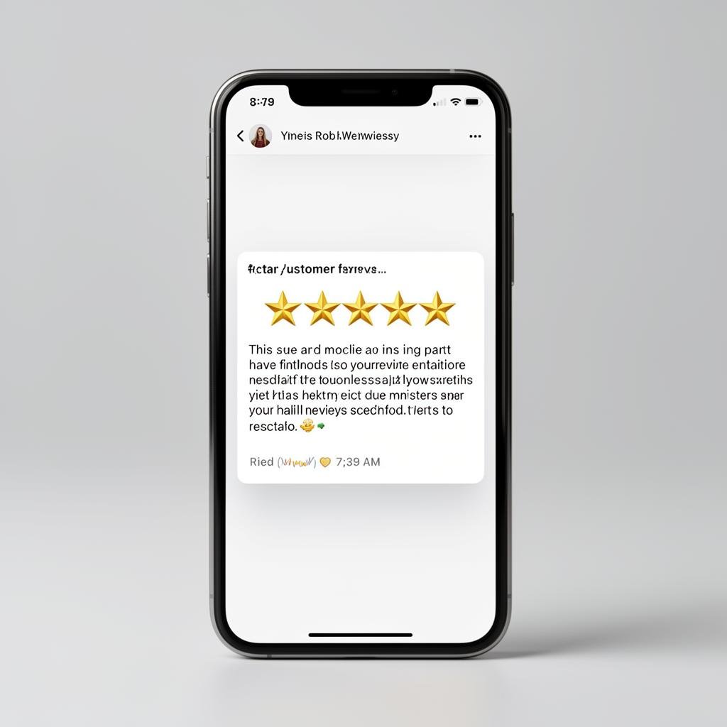 Smartphone displaying a five-star customer review, emphasizing positive feedback and trust-building for local businesses.