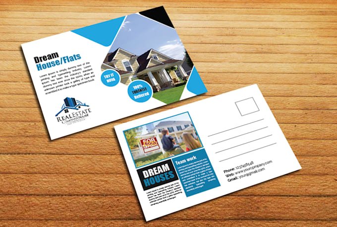 Postcard design featuring a modern house with promotional text for real estate services, emphasizing "Dream House/Flats" and "For Sale," with contact information and branding elements.
