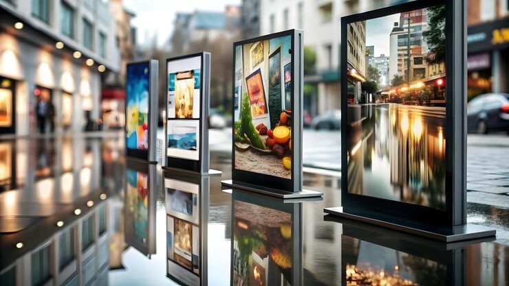Promotional digital displays showcasing vibrant images in a modern urban setting, reflecting marketing trends and local business advertising strategies.