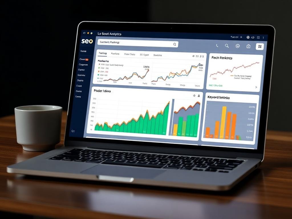 Laptop displaying SEO analytics dashboard with charts and graphs, illustrating website performance metrics and keyword rankings, alongside a coffee cup on a wooden table.