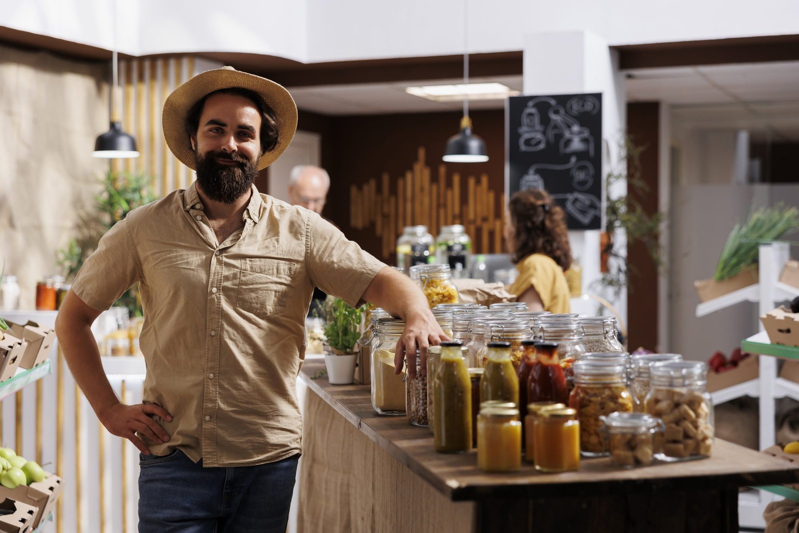 Man smiling at a market stall filled with jars of fresh produce and condiments, promoting local food options for cafés and restaurants in Salt Lake City.