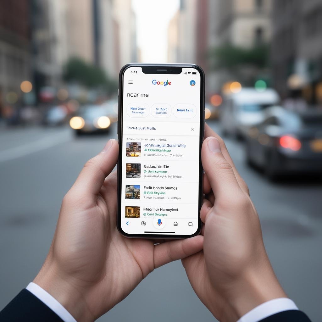 Person holding smartphone displaying Google "near me" search results for local businesses, emphasizing local SEO and visibility for customer inquiries.