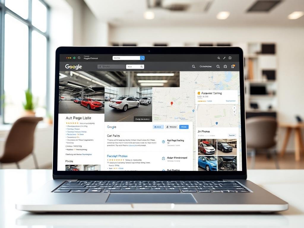 Laptop displaying Google Business Profile with car listings and map, illustrating online reputation management and local search optimization for businesses.