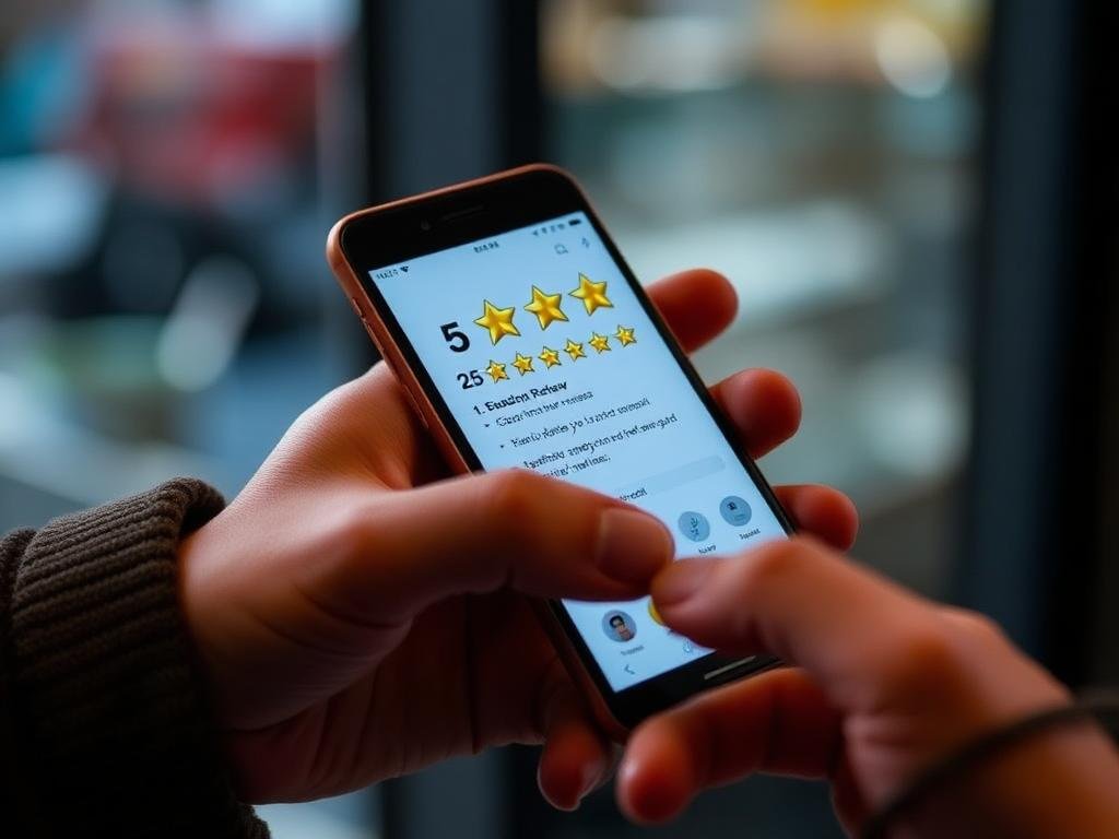 Person holding smartphone displaying a 5-star review with 25 ratings, emphasizing the importance of customer reviews in local SEO and reputation management.