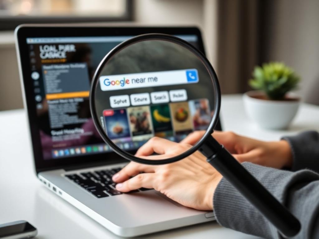 Person using a laptop to search "Google near me" with a magnifying glass, illustrating local SEO strategies for improving online visibility and attracting customers.