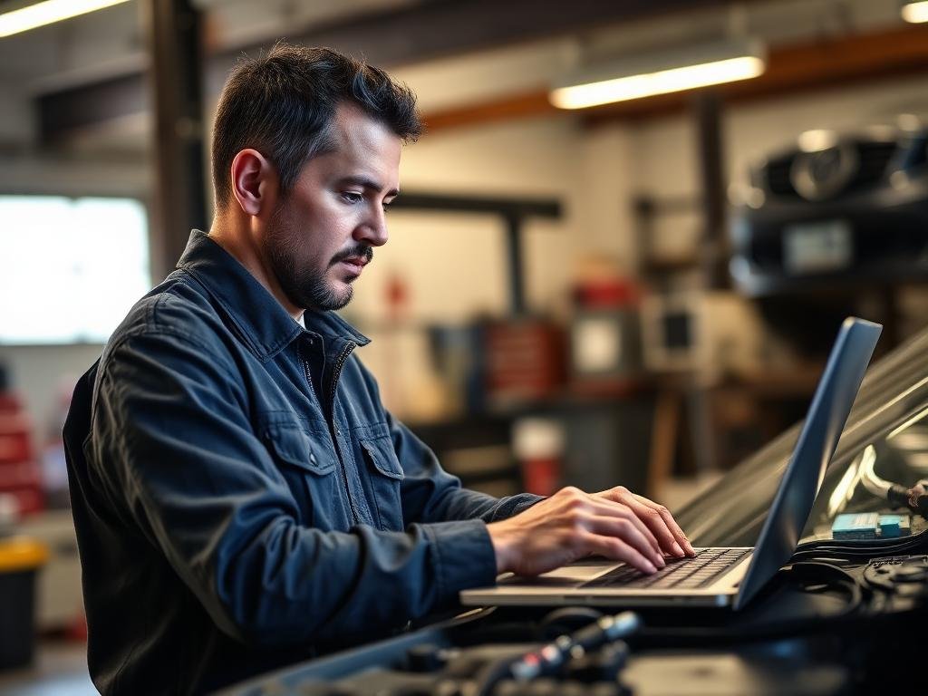 Man in a workshop using a laptop to manage online reviews and reputation for automotive services.