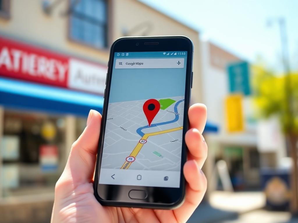 Hand holding smartphone displaying Google Maps with a red location pin, emphasizing local search visibility for businesses.