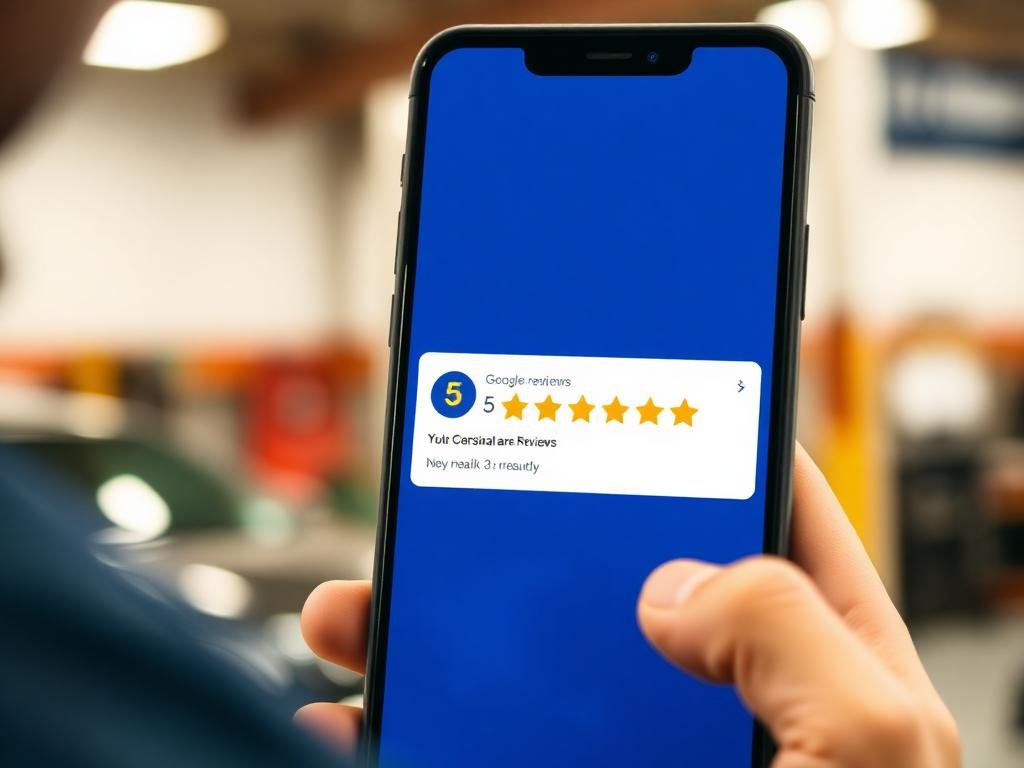Person holding smartphone displaying Google reviews with 5-star rating, emphasizing reputation management and online visibility.