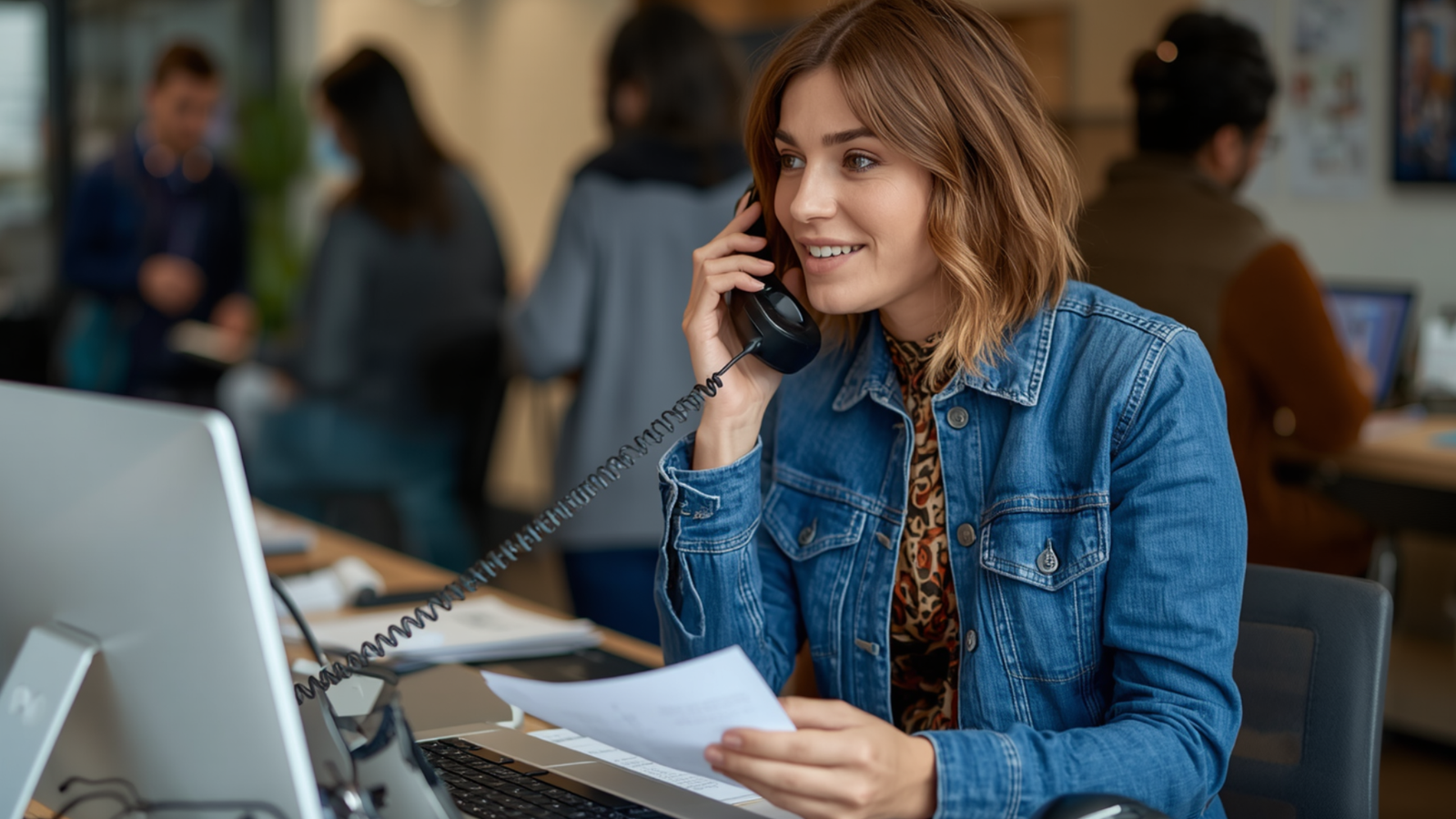 Woman in denim jacket on phone, engaging with clients, surrounded by coworkers in a modern office setting, illustrating customer service and business communication for small business marketing solutions.