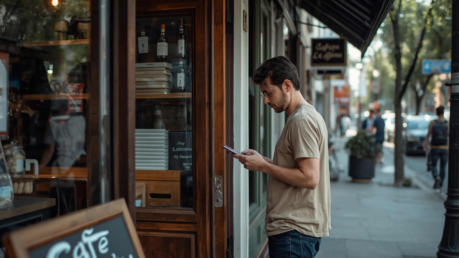 Man using smartphone outside a café, reflecting the importance of digital engagement for local businesses seeking consistent customer growth and better visibility.