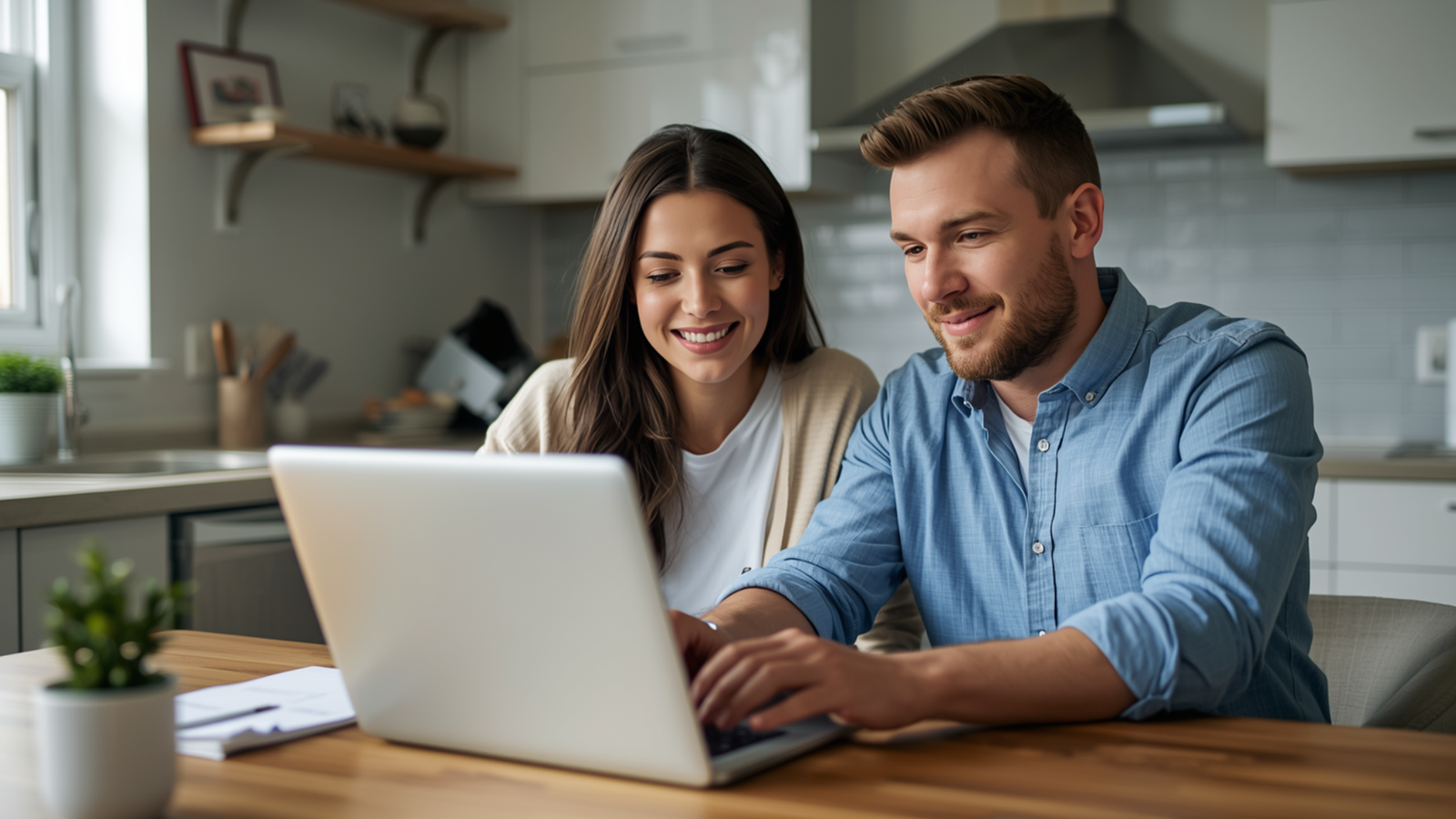 Couple collaborating on a laptop in a modern kitchen, illustrating digital marketing strategies and customer engagement for local businesses.