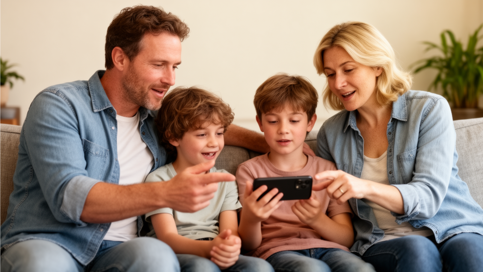 Family enjoying time together, looking at smartphone, emphasizing connection and engagement, relevant to local SEO strategies for attracting customers online.