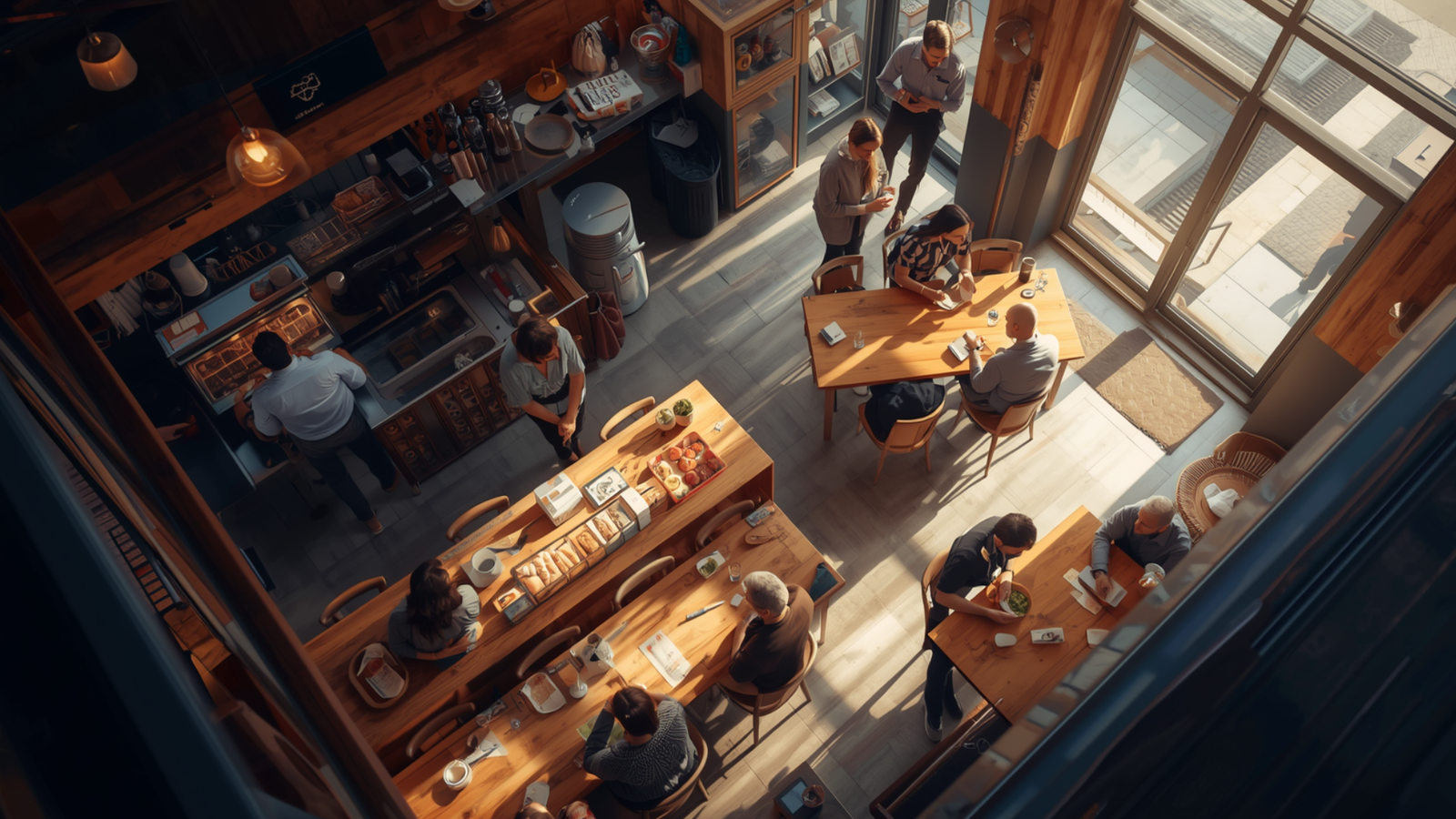 Interior view of a busy café with customers dining and engaging, showcasing tables with food and drinks, staff serving, and a modern, inviting atmosphere, emphasizing local hospitality and customer engagement.