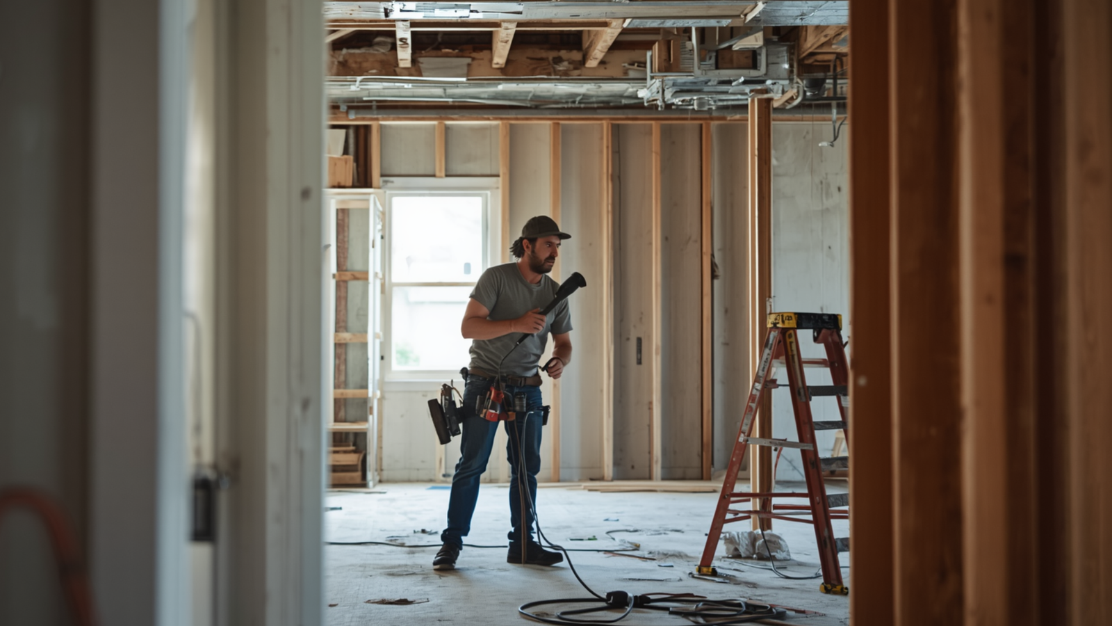 Contractor in a construction site holding a vacuum cleaner, surrounded by unfinished walls and tools, emphasizing home service work and renovation.