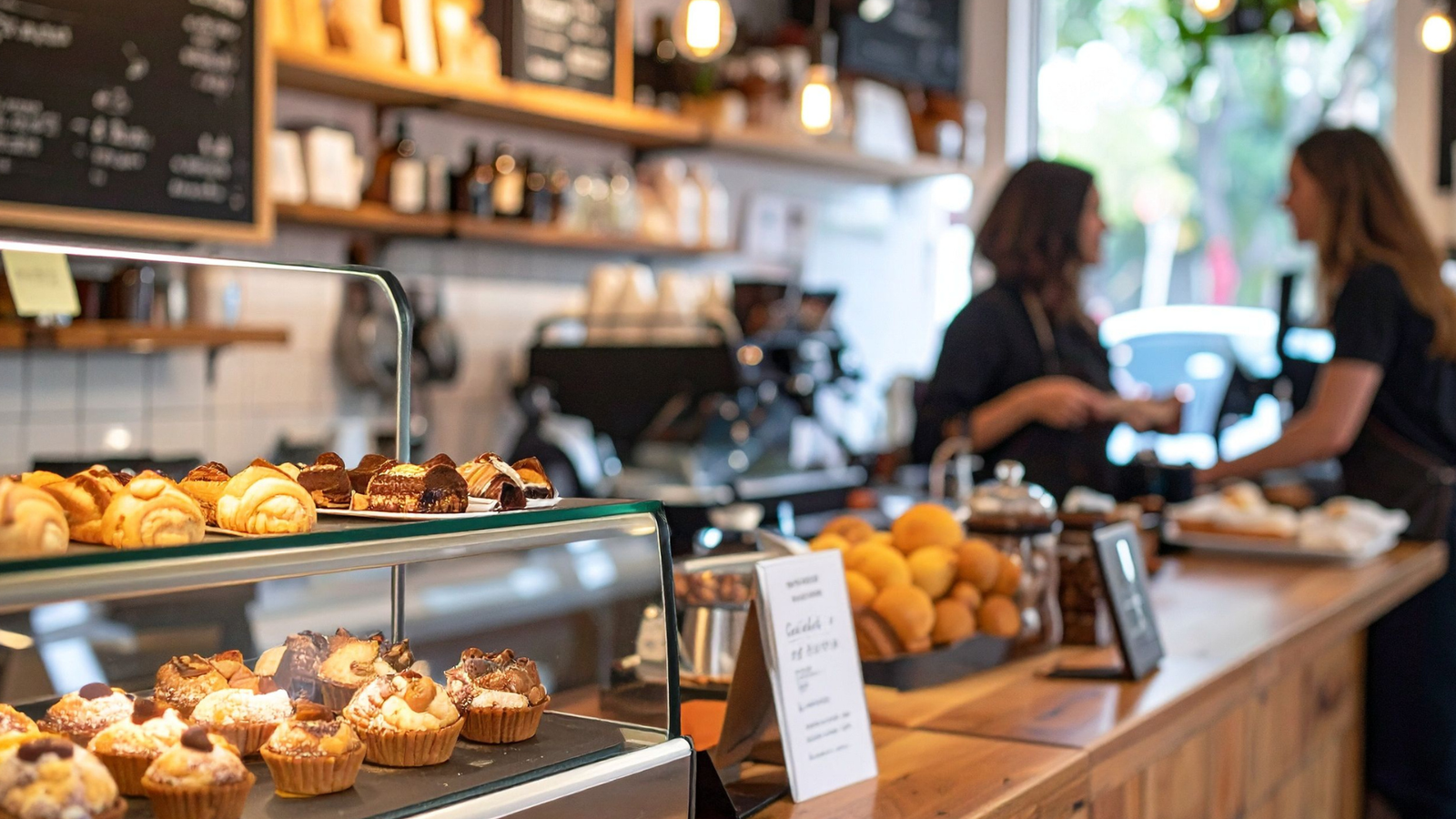 Café interior showcasing a variety of pastries and baked goods, with baristas engaging with customers, highlighting improved online presence and customer engagement strategies for hospitality businesses.