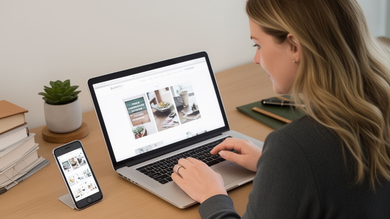 Woman using a laptop and smartphone on a desk, showcasing a well-designed website for local service businesses, emphasizing conversion-focused design and user engagement.