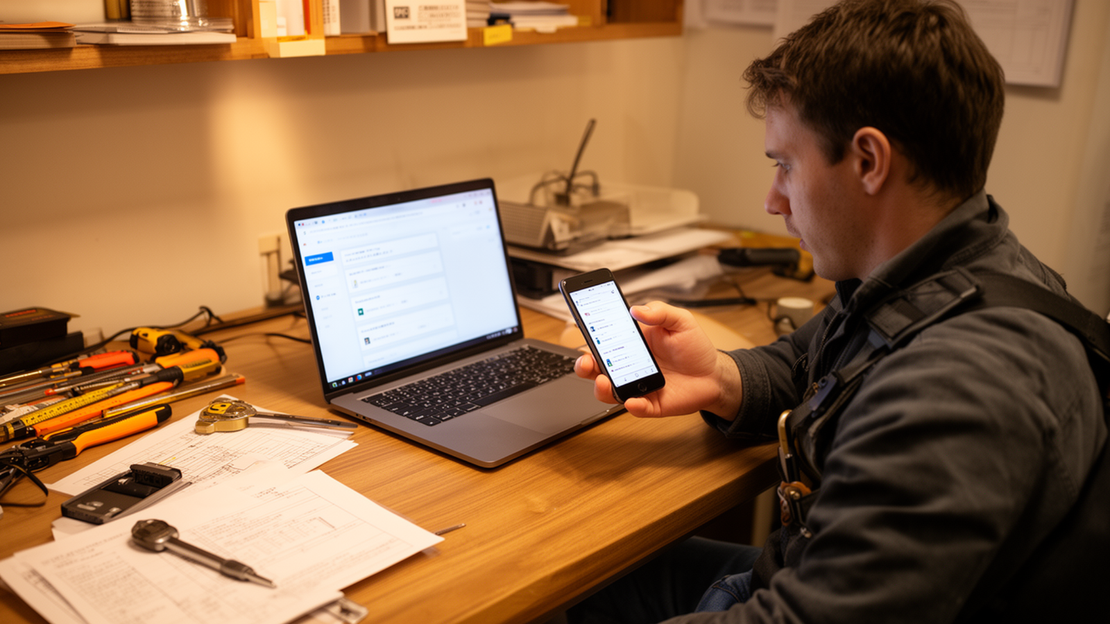 Man using smartphone while sitting at a desk with a laptop, tools, and paperwork, illustrating digital marketing and Google Ads management for local service businesses.