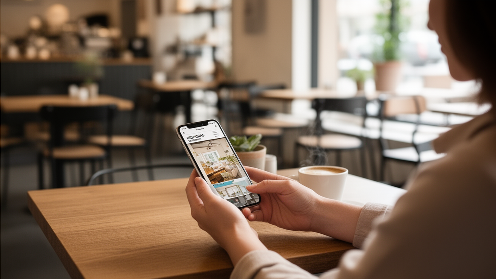 Person holding smartphone displaying a website in a cafe, emphasizing mobile-first design and user experience for local service businesses.