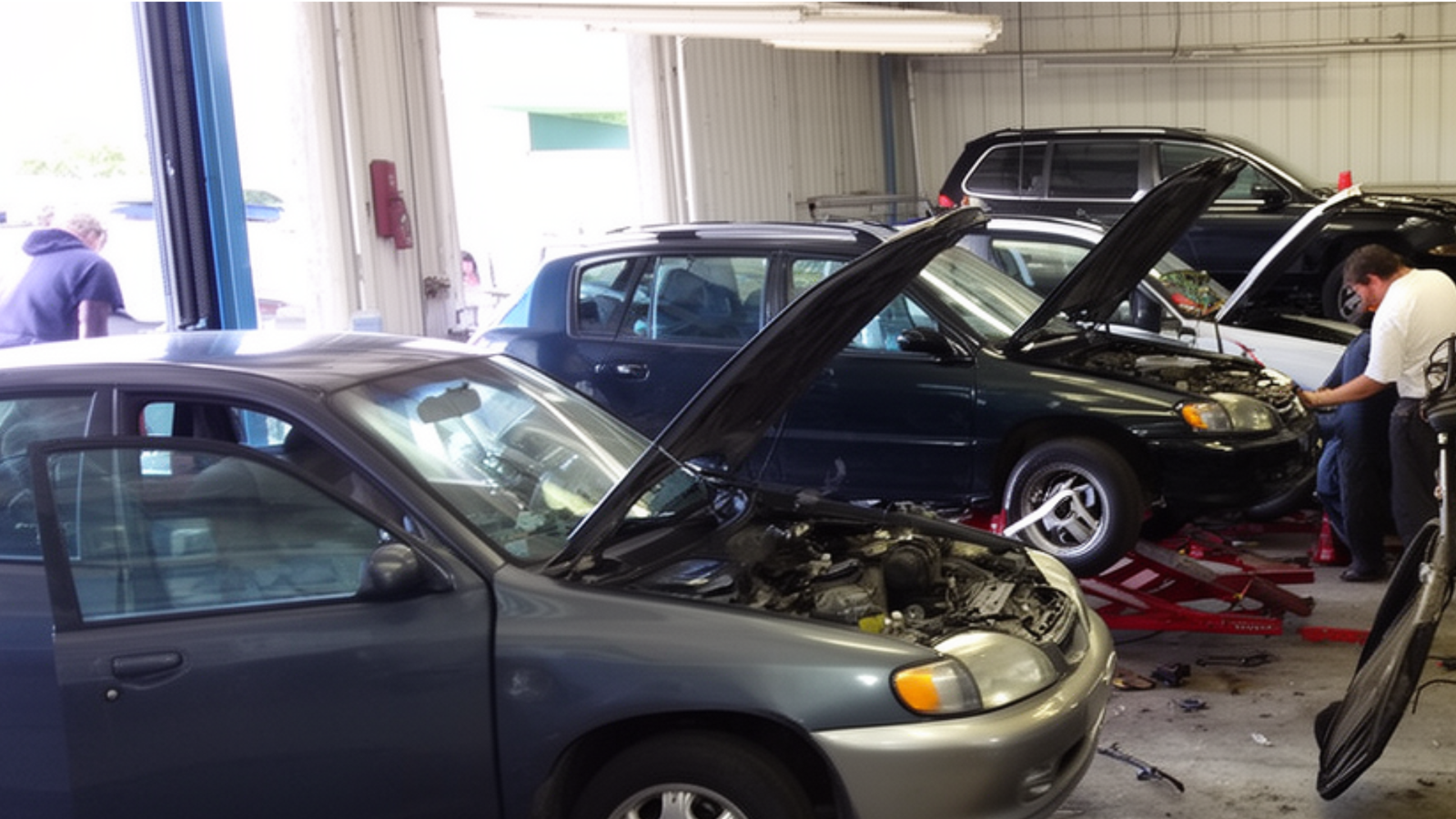 Auto repair shop interior with multiple cars, mechanics working on vehicles, and open hoods, illustrating the busy environment of car maintenance and repair services.