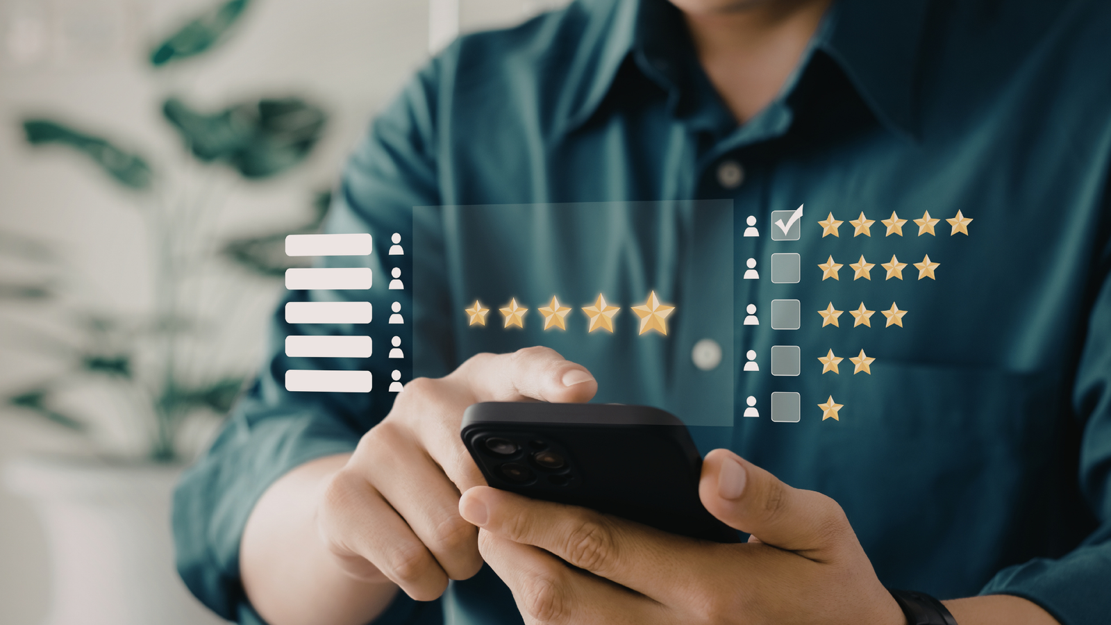 Person using smartphone to review and rate services, showcasing five-star ratings and customer feedback, highlighting online reputation management.