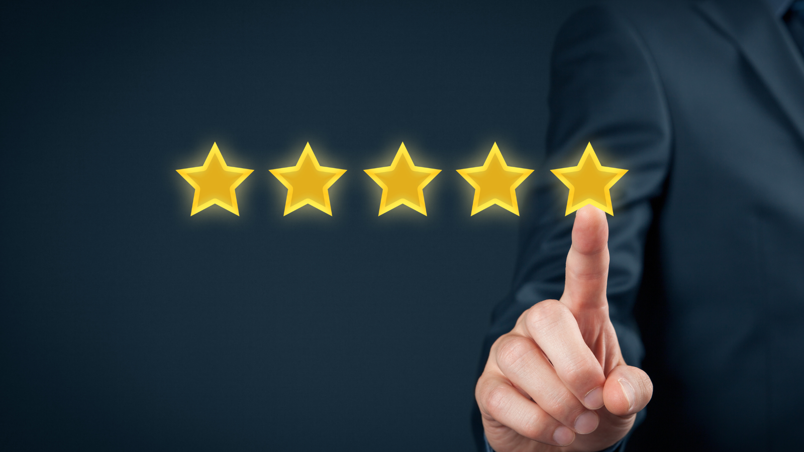 Business professional interacting with five glowing yellow stars, symbolizing positive reviews and reputation management.
