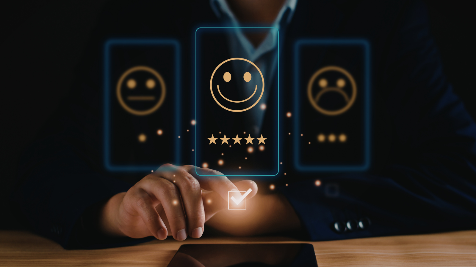 Hand interacting with a digital interface displaying a smiling face and five-star rating, symbolizing positive customer feedback and review management.