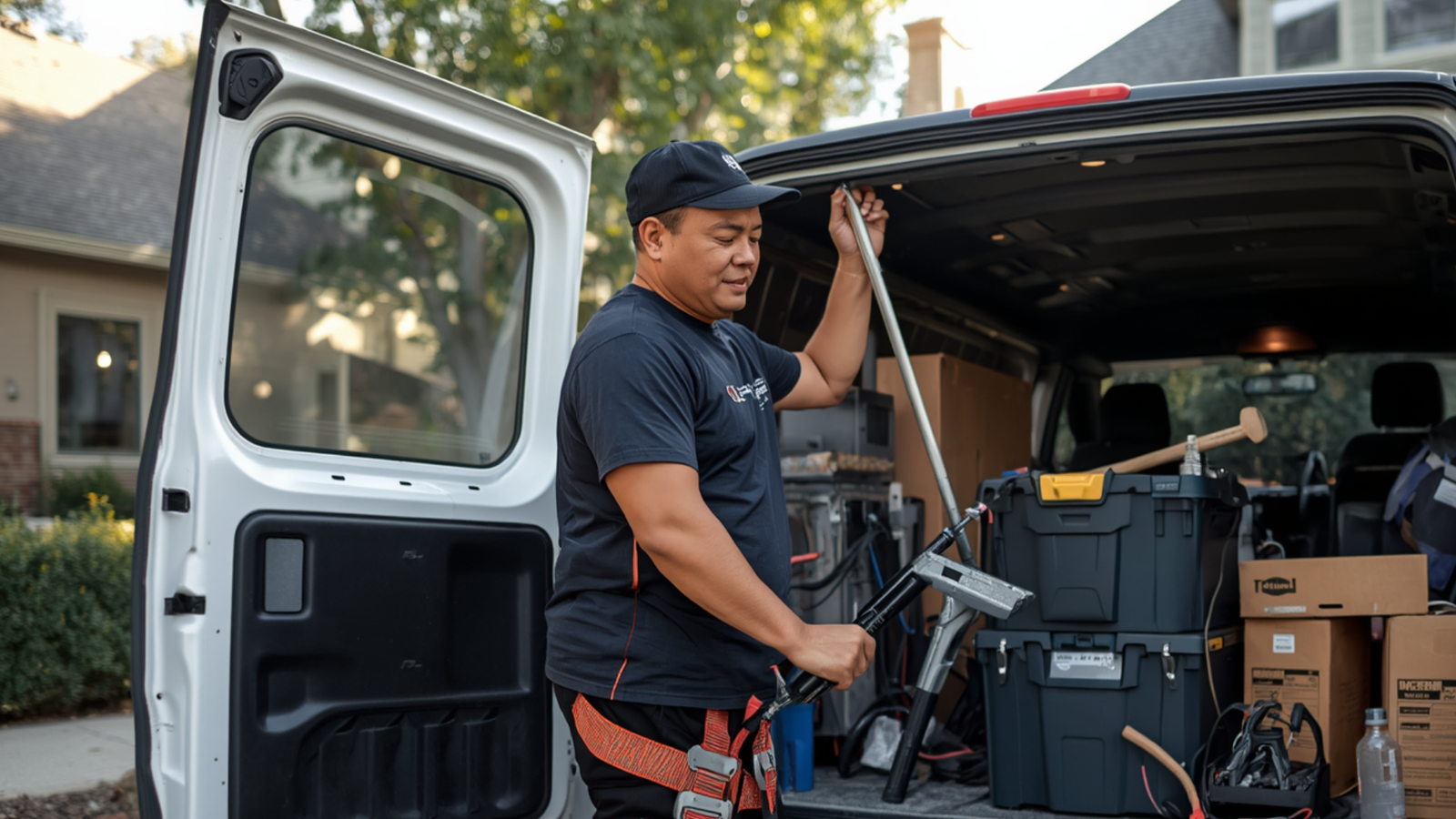 Person in a work uniform preparing tools from a service van, showcasing equipment for home service tasks, emphasizing local service business operations.