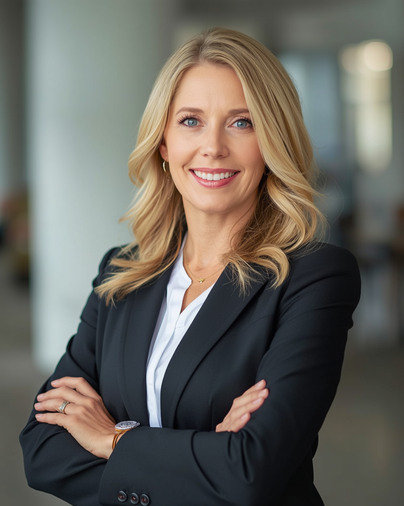 Professional woman smiling confidently in a business suit, representing expertise and leadership at AM Marketing Group, focused on client growth and marketing strategy.