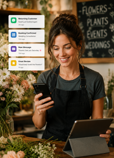 Local business owner using customer follow-up and automation systems to reconnect with past customers