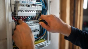 Electrician working on an electrical panel during a service job in Salt Lake City, Utah, highlighting how busy electricians can miss customer inquiries while on-site.