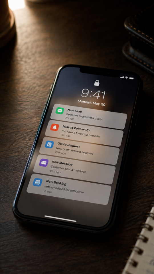 Smartphone displaying missed customer enquiries and follow-up notifications for a local business