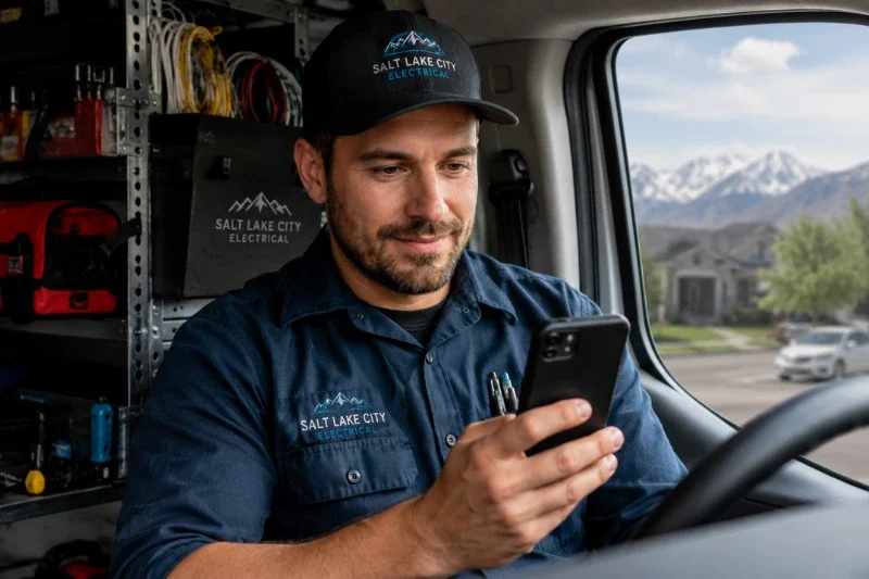 Service business owner responding to customer leads on a smartphone in Salt Lake City