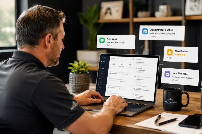 Service business owner using automation and CRM software to manage customer follow-up