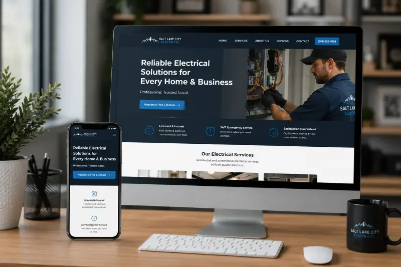 Digital marketing website for Salt Lake City Electrical, showcasing reliable electrical solutions for homes and businesses, featuring a desktop and mobile view, with a service-focused design and call-to-action buttons.