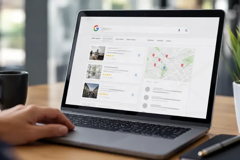 Laptop displaying Google Maps interface with local search results and business listings, emphasizing local SEO strategies for Utah service businesses.