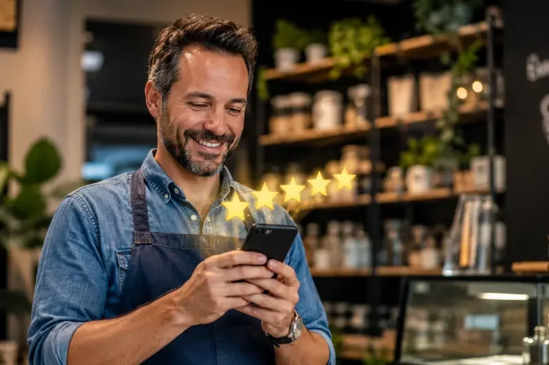 Man in apron using smartphone with five-star ratings, representing customer reviews and reputation management for service-based businesses.